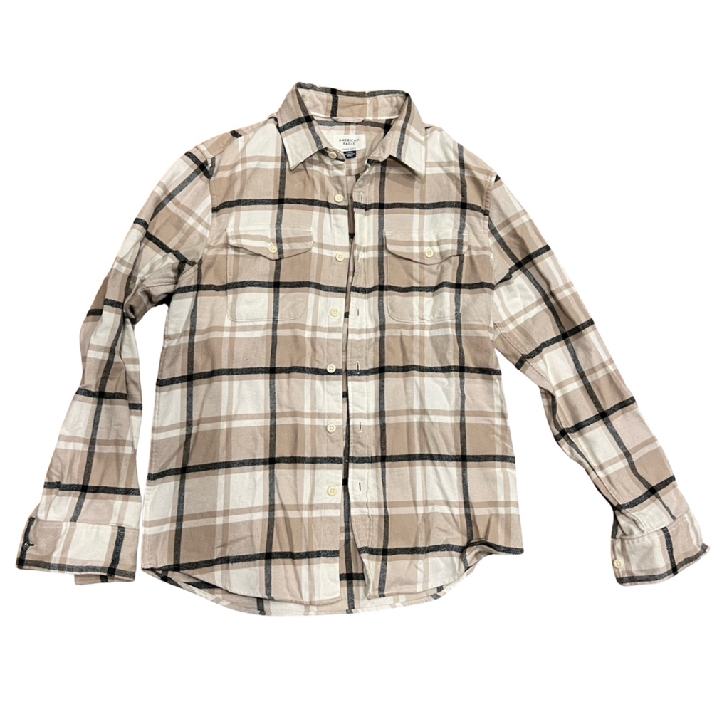 American Eagle Outfitters Beige and Black Plaid Flannel Shirt